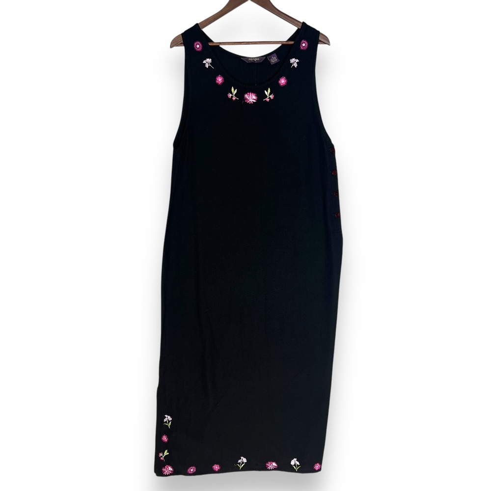 Vintage 90s Agapo Embroidered Midi‎ Dress Sleeveless Casual Black Dress Jumper M
